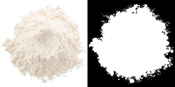 Pile of wheat flour with dent atop, isolated, top view