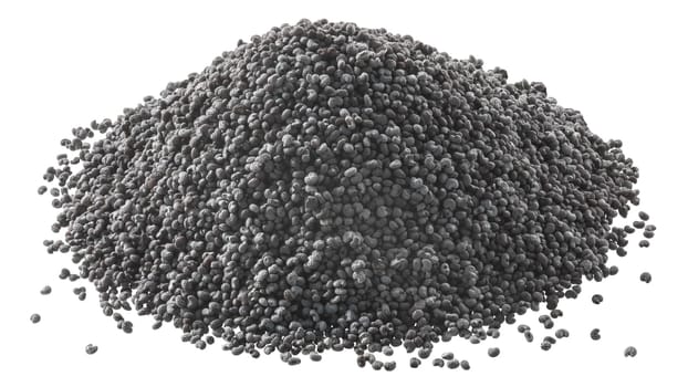 Pile of grey-bluish poppy seeds (Papaver somniferum), isolated