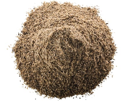 Pile of ground black pepper or peppercorns, isolated, top view