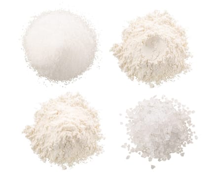 Salt, sugar and flour in a piles isolated, top view
