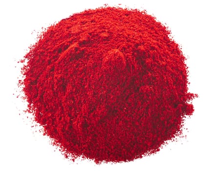 Pile of ground red chile pepper or paprika, isolated, top view