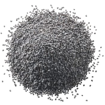 Pile of grey-bluish poppy seeds (Papaver somniferum), isolated, top view