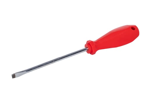 Closeup of a screwdriver with red handle isolated on white background. Macro photograph.