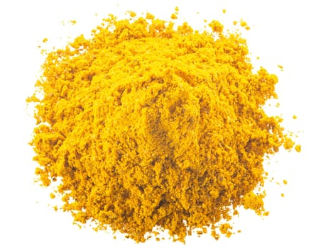 Pile of curry, a ground spice mix, isolated, top view