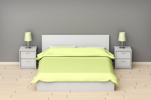Modern designed bedroom with gray and green colors