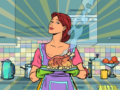 Woman with ready fried poultry chicken duck. Pop art retro vector illustration kitsch vintage 50s 60s style