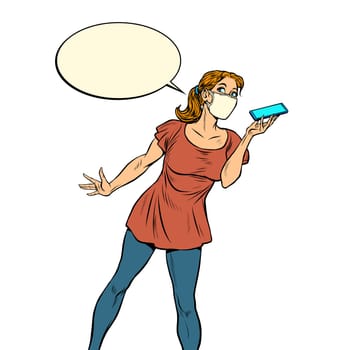a woman in a medical mask speaks on the phone. Pop art retro vector illustration kitsch vintage 50s 60s style