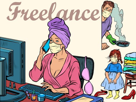 woman work at home freelance epidemic self isolation quarantine. Pop art retro vector illustration kitsch vintage 50s 60s style