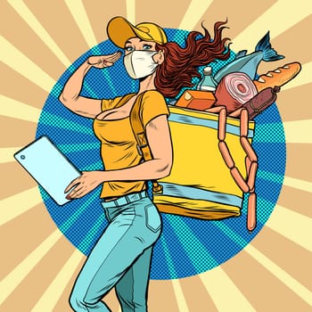 courier girl in a medical mask. food delivery during the epidemic. Pop art retro vector illustration kitsch vintage 50s 60s style