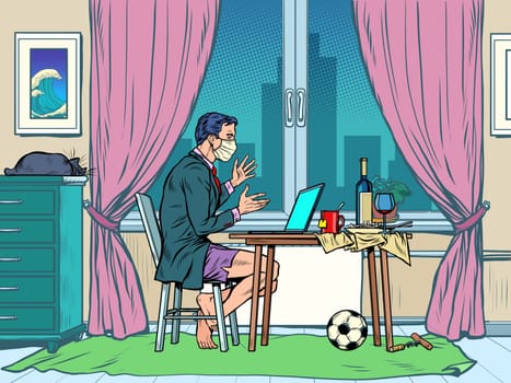a man without pants blogger during the epidemic. live broadcast from home. Pop art retro vector illustration kitsch vintage 50s 60s style