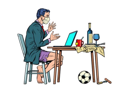 a man without pants blogger during the epidemic. live broadcast from home. Pop art retro vector illustration kitsch vintage 50s 60s style