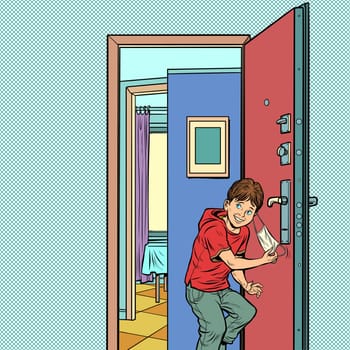 Final epidemic and quarantine. Boy leaves home and takes off medical mask. Pop art retro vector illustration kitsch vintage 50s 60s style