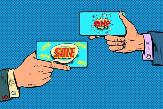 discounts online trade sale business online communication smartphone. Pop art retro vector illustration kitsch vintage 50s 60s style
