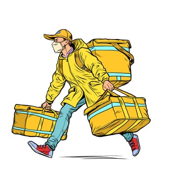 courier in a medical mask. food delivery during the epidemic. Pop art retro vector illustration kitsch vintage 50s 60s style