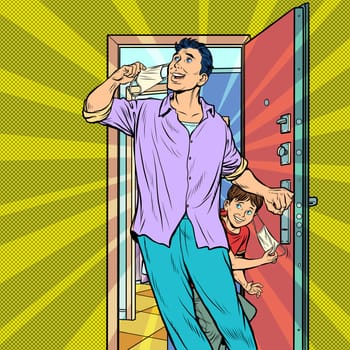 Final epidemic and quarantine. father and child leaves home and takes off medical mask. Pop art retro vector illustration kitsch vintage 50s 60s style