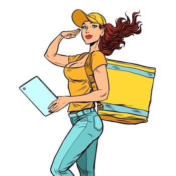 courier girl food delivery. Pop art retro vector illustration kitsch vintage 50s 60s style