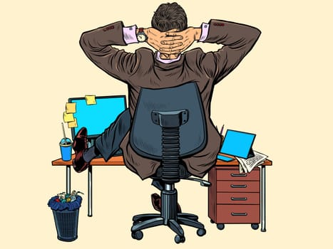 Giant businessman at the office Desk. Pop art retro vector illustration kitsch vintage 50s 60s style