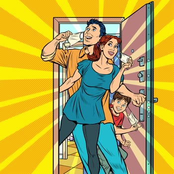 Final epidemic and quarantine. Family leaves home and takes off medical mask. Pop art retro vector illustration kitsch vintage 50s 60s style