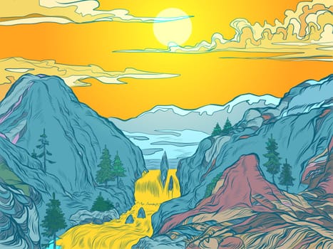 mountains sun river mountain resort or natural Park. Pop art retro vector illustration vintage kitsch 50s 60s style