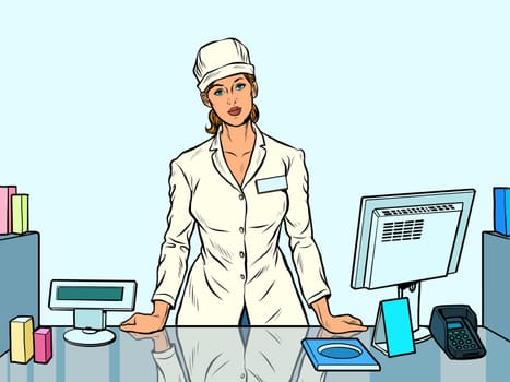 The woman pharmacist. Working in a pharmacy. Medicine sales. Pop art retro vector illustration 50s 60s style