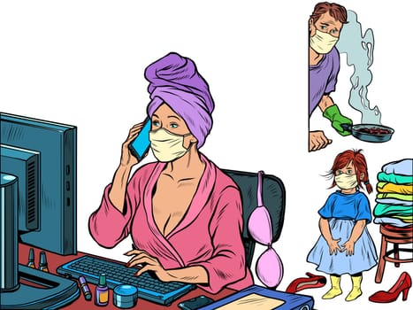 woman work at home freelance epidemic self isolation quarantine. Pop art retro vector illustration kitsch vintage 50s 60s style