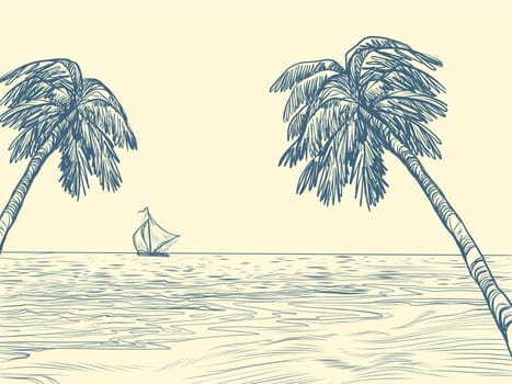 palm trees sea contour silhouette. Pop art retro vector illustration kitsch vintage 50s 60s style