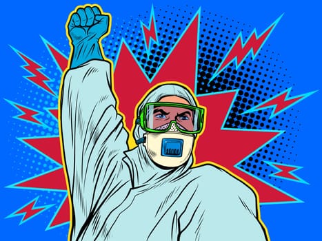 A doctor in a full protection suit. Resistance gesture. Epidemic coronavirus covid19. Pop art retro vector illustration 50s 60s style
