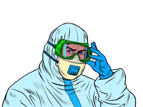 A doctor in a full protective suit during an epidemic. Mask and gloves. Pop art retro vector illustration 50s 60s style