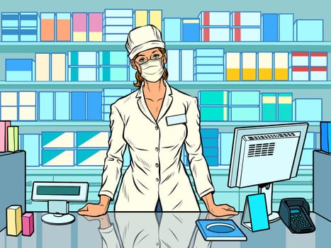 Female pharmacist during an outbreak of the coronavirus. Working in a pharmacy. Medicine sales. Pop art retro vector illustration 50s 60s style