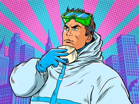The doctor removes the protective mask. Covid19 coronavirus epidemic. Pop art retro vector illustration 50s 60s style