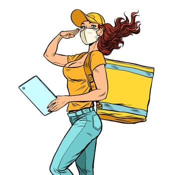 courier girl in a medical mask. food delivery during the epidemic. Pop art retro vector illustration kitsch vintage 50s 60s style