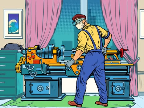 Homework during the epidemic concept. The Turner works at the machine. Pop art retro vector illustration kitsch vintage 50s 60s style