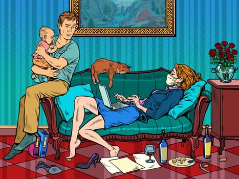 woman in a medical mask. work at home during an epidemic. husband and children. Pop art retro vector illustration kitsch vintage 50s 60s style