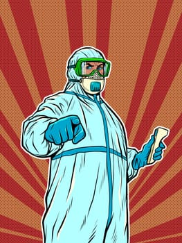 A doctor in a full protection suit with a thermometer. Epidemic coronavirus covid19. Pop art retro vector illustration 50s 60s style