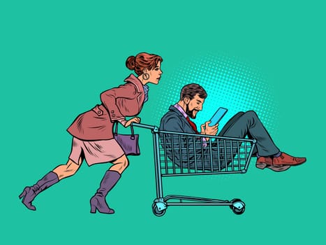 Woman with a man in a shopping cart in a supermarket. Pop art retro vector illustration kitsch vintage 50s 60s style