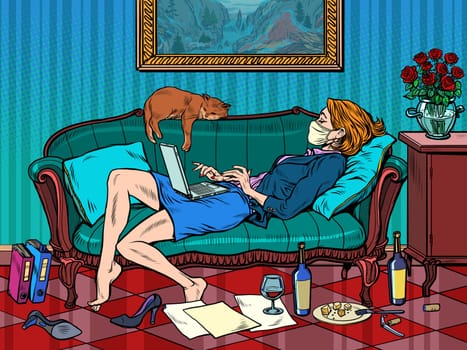 woman in a medical mask. work at home during an epidemic. Pop art retro vector illustration kitsch vintage 50s 60s style