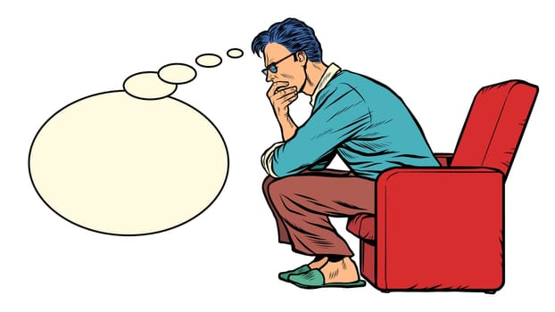 A man sits in a chair and thinks. Pop art retro vector illustration 50s 60s style