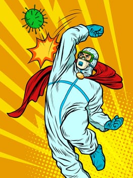 The doctor defeats the coronavirus. Mortal combat. Hit. Pop art retro vector illustration 50s 60s style
