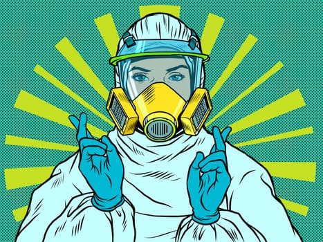Female doctor in a protective suit. Gesture lies fingers cross-stitch. Pop art retro vector illustration 50s 60s style
