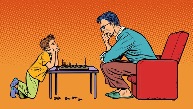 father and son play chess. Pop art retro vector illustration 50s 60s style