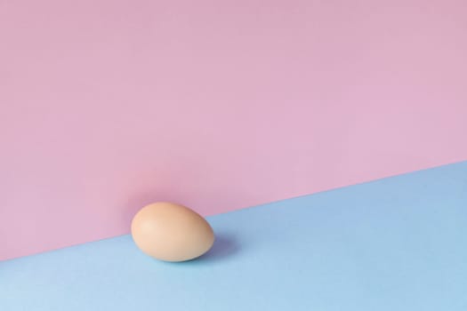 Minimalist image of a brown egg on a light blue and pink background. Copy space available.