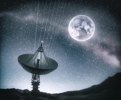 Huge satellite antenna dish for communication and signal reception out of the planet Earth. Observatory searching for radio signal. 3D illustration.