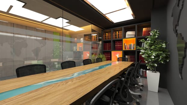 Modern meeting room in office with acrylic wooden table and book shelf realistic interior design idea 3D rendering