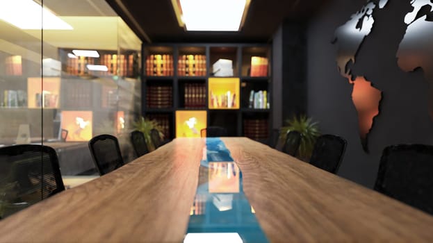 Modern meeting room in office with acrylic wooden table and book shelf realistic interior design idea 3D rendering
