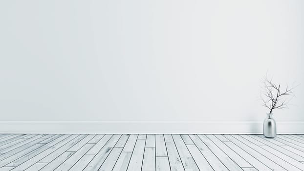Modern empty room with white wall and parquet floor, plant and vase interior.3D rendering