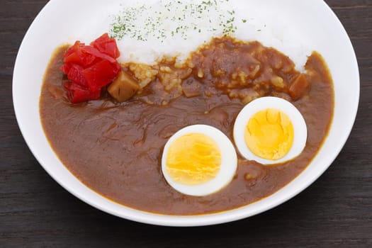 Close up of Japanese curry rice with spoon on table