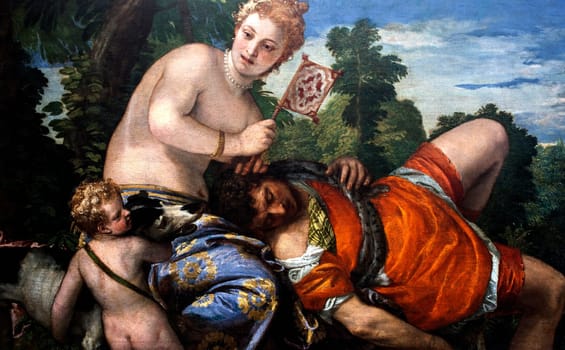 Venus and Adonis painted by Paolo Veronese, 1580. Detail. Museo del Prado, Madrid