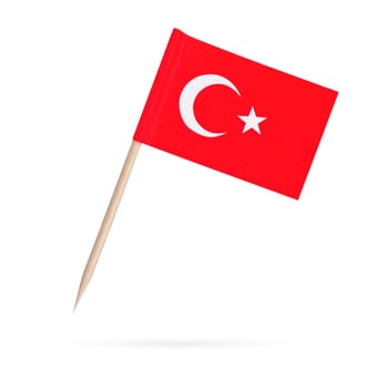 Miniature paper flag Turkey. Isolated Turkeys toothpick flag pointer on white background. With shadow below