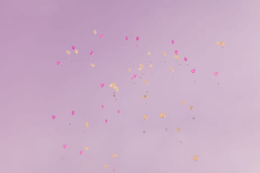 Romantic symbol of future partnership. Group of beautiful heart ballons with congratulations cards at wedding party or valentines day.