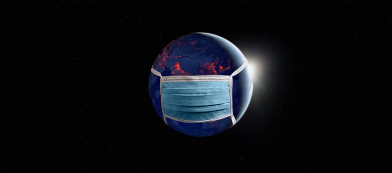 Red coronavirus infecting and spreading around the world. Planet earth with face mask quarantined by covid 19, 3D illustration concept